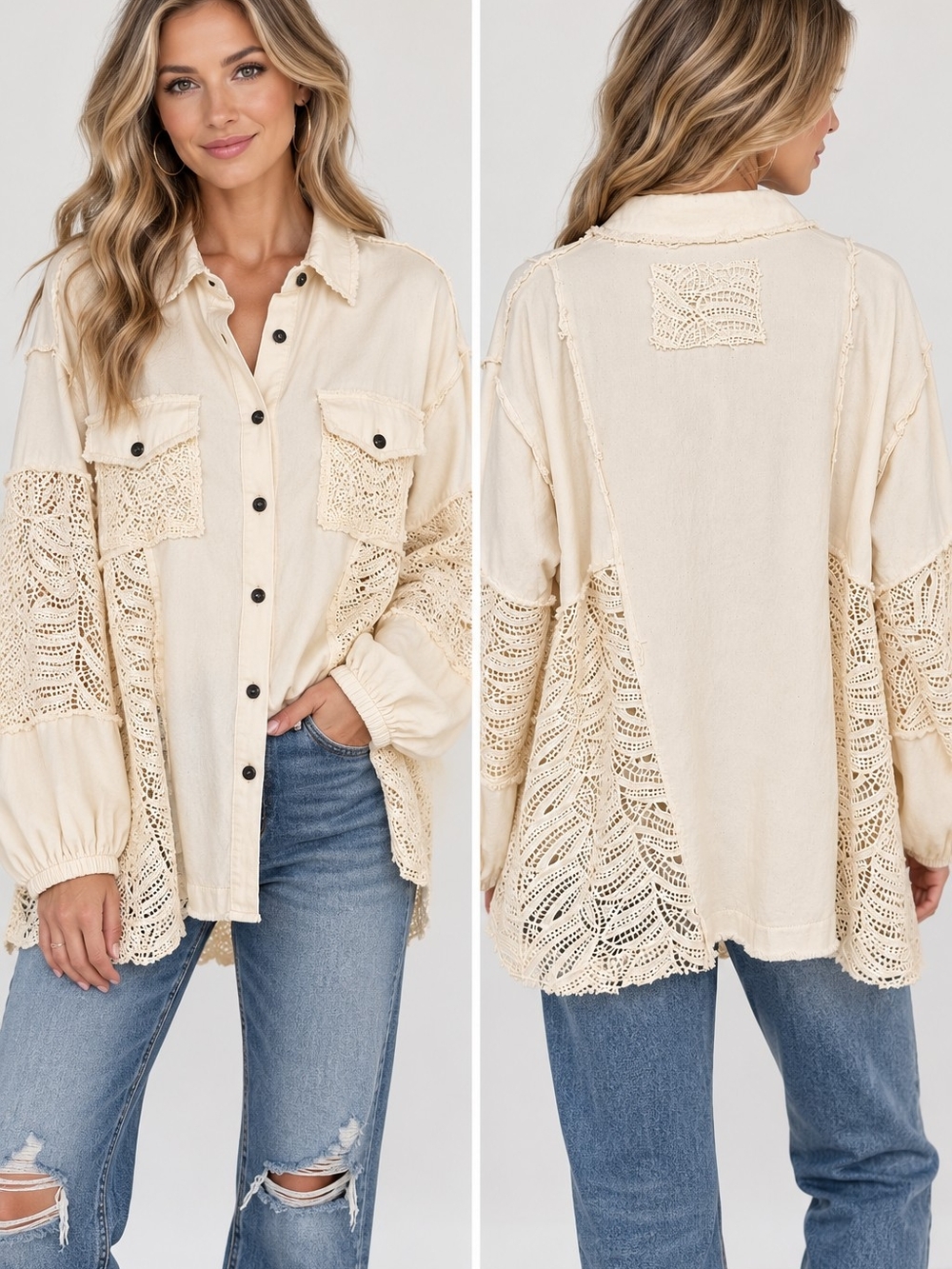 POL Boho Crochet-Trim Button-Up Shirt Jacket - Cream Oversized Small